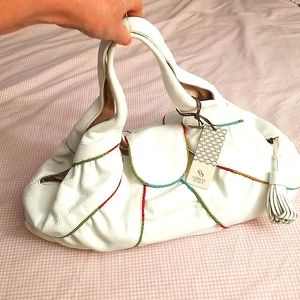 Sabrina Scala-White Leather Hobo Handbag with Rainbow S…